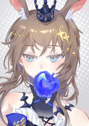 Rule 34 | 1girl, absurdres, ambience synesthesia, amiya (arknights), amiya (medic) (arknights), amiya (medic) (solo around the world) (arknights), animal ears, apple, arknights, black gloves, blue apple, blue eyes, brown hair, close-up, covered mouth, crown, food, fruit, gloves, grey background, hair ornament, halftone, halftone background, highres, holding, holding food, holding fruit, jewelry, long hair, looking down, multiple rings, official alternate costume, ring, shuimu mao gezi, solo, upper body