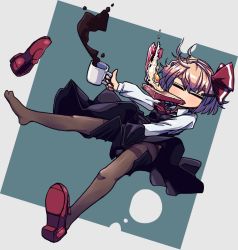 1girl ascot awa_(bihidasu) bacon black_dress blonde_hair bread bread_slice brown_pantyhose closed_eyes coffee_mug commentary_request cup dress egg_(food) falling food food_in_mouth full_body green_background grey_background hair_ornament hair_ribbon hairclip holding holding_cup long_sleeves mouth_hold mug outstretched_arm pantyhose red_ascot red_ribbon red_shoes ribbon rumia shirt shoes short_hair solo sunny_side_up_egg thighband_pantyhose toast toast_in_mouth touhou unworn_shoe unworn_shoes white_shirt