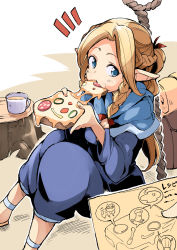 1girl bag bibi02 blonde_hair braid cup dungeon_meshi eating elf food green_eyes highres long_hair marcille_donato marushiru out_of_frame pizza pointy_ears solo_focus staff twin_braids