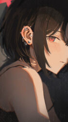 1girl absurdres black_camisole blue_archive blush brown_hair camisole close-up closed_mouth commentary_request ear_focus ear_piercing earrings halo highres jewelry looking_at_viewer maria_(maria_rose) misaki_(blue_archive) piercing red_eyes red_halo short_hair solo strap_slip upper_body