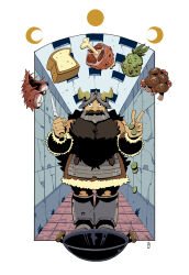1boy beard christianity crescent dungeon_meshi dwarf facial_hair fake_horns food helmet highres holding holding_knife horned_helmet horns knife long_beard looking_at_viewer male_focus meat moon_phases mustache norrie parody_request senshi_(dungeon_meshi) solo standing straight-on thick_mustache very_long_beard wok