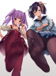 1girl absurdres alice_gear_aegis blush echigo-yuzawa_kasumi fan feet grey_eyes highres ichijou_ayaka long_hair looking_at_viewer onsen_musume open_mouth panties panties_under_pantyhose pantyhose pantyshot parted_lips purple_eyes purple_hair soles toes twintails underwear upskirt