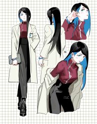 1girl absurdres aged_up black_boots black_hair blue_eyes blue_hair blush boots bracelet colored_inner_hair gundam gundam_suisei_no_majo highres jewelry kohiu lab_coat long_hair multicolored_hair nika_nanaura solo