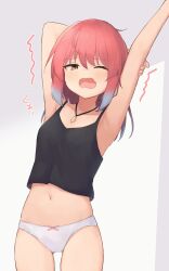 1girl ahoge armpits black_camisole blush bow bow_panties breasts camisole centi_mnkt collarbone cowboy_shot crystal_necklace dot_nose gluteal_fold grey_background grey_hair highres jewelry long_hair multicolored_hair navel necklace one_eye_closed open_mouth original panties red_hair sidelocks simple_background small_breasts solo thighs two-tone_hair underwear wavy_mouth white_panties