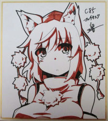 1girl animal_ears artist_name detached_sleeves female_focus hat inubashiri_momiji photo_(medium) ryuu_(multitask) shikishi short_hair solo tokin_hat touhou traditional_media white_hair wolf_ears