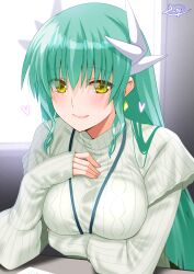 Rule 34 | 1girl, alternate breast size, alternate costume, blush, breasts, closed mouth, dragon horns, engo (aquawatery), fate/grand order, fate (series), fingernails, green hair, hand on own chest, heart, highres, horns, kiyohime (fate), lips, long hair, long sleeves, looking at viewer, medium breasts, pink lips, pink nails, ribbed sweater, signature, sleeves past wrists, smile, solo, sweater, table, turtleneck, turtleneck sweater, very long hair, white horns, white sweater, yellow eyes