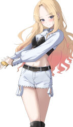 Rule 34 | 1girl, absurdres, blue eyes, blush, bracelet, closed mouth, colored eyelashes, cropped shirt, d (delt4), facial mark, fingerless gloves, forehead mark, gakuen idolmaster, gloves, highres, idolmaster, jewelry, juo sena, long hair, looking at viewer, navel, shirt, short shorts, shorts, single fingerless glove, smile, solo, white shirt, white shorts, yellow gloves