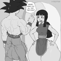 1boy 1girl angry ass breasts bulge chi-chi_(dragon_ball) clothes dragonball_z english_text hand_on_own_thigh highres huge_ass huge_testicles long_hair medium_breasts monochrome muscular muscular_male open_mouth son_goku speech_bubble sweatdrop testicles thick_thighs thighs yelftea
