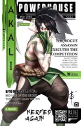 Rule 34 | 1girl, absurdres, akali, arm tattoo, arm up, artist logo, bar censor, black hair, black pants, brown eyes, censored, character name, cover, crop top, english text, eyeliner, fake magazine cover, fighting stance, green mask, highres, holding, holding weapon, kama (weapon), kuji-in, league of legends, logo, looking at viewer, magazine cover, makeup, mask, mouth mask, ninja, ninja mask, pants, ponytail, red eyeliner, rivesoulis, sickle, simple background, solo, stomach tattoo, tattoo, weapon, white background