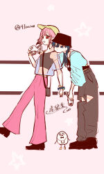 Rule 34 | 2girls, :/, arm around shoulder, artist name, bag, bag charm, bell-bottoms, black bag, black hat, black shoes, blue eyes, blue hair, blue jacket, bracelet, bucket hat, character request, charm (object), closed mouth, commentary request, cropped jacket, cup, disposable cup, drinking straw, fanny pack, from side, full body, grey bag, grey pants, grey tank top, hair between eyes, hair over shoulder, hand up, handbag, hat, head on another&#039;s shoulder, highres, holding, holding cup, jacket, jewelry, kawasu teto, kororon (song), leaning forward, long hair, looking to the side, midriff, multiple girls, neck tattoo, okami-chan (kororon), open clothes, open jacket, open mouth, pants, pink background, pink hair, pink pants, puffy sleeves, red eyes, see-through clothes, see-through shirt, shirt, shoes, short hair, short sleeves, shoulder bag, sideways glance, sneakers, standing, standing on one leg, star (symbol), star symbol background, star tattoo, striped background, tank top, tattoo, three-quarter sleeves, tora-chan (kororon), torn clothes, torn pants, translation request, twitter username, v, wolf cut, yellow hat, yellow shirt