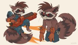 1boy animal_ears artist_name barefoot closed_mouth commentary english_commentary furry furry_male guardians_of_the_galaxy gun holding holding_gun holding_weapon male_focus marvel marvel_cinematic_universe marvel_rivals multiple_views plump raccoon_boy raccoon_ears raccoon_tail red_eyes rocket_raccoon smile stynnur tail topless_male weapon whiskers