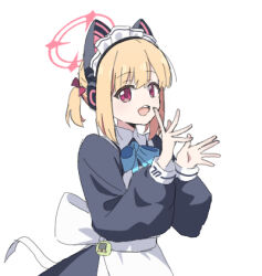 Rule 34 | 1girl, :d, animal ear headphones, animal ears, apron, black dress, blonde hair, blue archive, blue bow, bow, collared dress, dress, fake animal ears, hair bow, halo, hands up, headphones, long sleeves, looking at viewer, lowres, maid, maid apron, maid headdress, momoi (blue archive), momoi (maid) (blue archive), nyaru (nyaru 4126), open mouth, puffy long sleeves, puffy sleeves, purple bow, purple eyes, simple background, smile, solo, twintails, white apron, white background