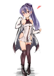 1girl asymmetrical_legwear bare_shoulders black_boots boots bow_legwear brown_thighhighs female_focus full_body heart highres hip_vent long_hair looking_at_viewer muoto original ponytail purple_hair red_eyes simple_background smile solo thighhighs undressing uneven_legwear white_background