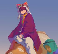 1boy 1girl benikurage_(cookie) blue_sky bow brown_eyes brown_hair camel clear_sky closed_mouth commentary cookie_(touhou) day expressionless feet_out_of_frame frilled_bow frills hair_bow hakurei_reimu highres keffiyeh kozno looking_at_viewer orange_scarf outdoors pants purple_robe red_bow red_shirt robe scarf shirt short_hair sky solo_focus striped_clothes striped_scarf touhou turban white_pants yellow_shirt
