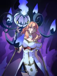 1girl absurdres armor armored_gloves aura black_skirt breastplate cape celica_(fire_emblem) celica_(imprisoned_soul)_(fire_emblem) chandelier chandelure choker commission commissioner_upload dark_aura dress earrings evil_smile fingerless_gloves fire fire_emblem fire_emblem_echoes:_shadows_of_valentia fusenryo gen_5_pokemon ghost gloves highres jewelry long_hair looking_at_viewer nintendo orange_eyes orange_hair pokemon pokemon_(creature) princess purple_fire red_eyes red_hair sidelocks skeb_commission skirt smile solo tiara white_armor white_choker white_dress witch yellow_eyes