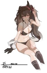 1girl absurdres angelina_(arknights) animal_ears arknights black_bra black_gloves black_panties black_socks blush bra breasts brown_hair character_name chinese_commentary closed_mouth clothes_down coat collarbone commentary_request criss-cross_halter cropped_legs dated dot_mouth dot_nose earpiece expressionless fox_ears fox_girl from_side gloves hair_between_eyes hair_ribbon hairband halterneck highres kneehighs long_hair medium_breasts messy_hair navel o-ring panties red_eyes red_hairband red_ribbon ribbon simple_background single_floppy_ear single_glove socks solo spaghetti_strap striped_clothes striped_hairband twintails two-tone_hairband underwear white_background white_coat zi00