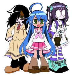 3girls black_hair blue_hair boots clothes_writing eyebrows fang female_focus fingerless_gloves glasses gloves green_eyes green_ribbon hair_over_one_eye hair_ribbon highres izumi_konata kuroki_tomoko long_hair lucky_star mole multiple_girls necktie open_mouth ribbon round_eyewear school_uniform shin_subarashiki_kono_sekai shirt smile striped_legwear subarashiki_kono_sekai sweatdrop tie_clip tired usui_nagi watashi_ga_motenai_no_wa_dou_kangaetemo_omaera_ga_warui! white_shirt