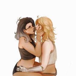 Rule 34 | 2girls, ahoge, black hair, black lips, black nails, black tank top, blonde hair, crop top, curtained hair, deadlock (valorant), ear piercing, eyebrow cut, face piercing, facial mark, fade (valorant), from side, gradient hair, hand on another&#039;s face, hand on another&#039;s hip, henna, highres, looking at another, makeup, medium hair, mole, mouth piercing, multicolored hair, multiple girls, multiple moles, nose piercing, nose ring, panties, piercing, prosthesis, prosthetic arm, shirt, simple background, sitting, sitting on lap, sitting on person, sleeveless, tank top, taoravell, twitter username, underwear, valorant, white background, white shirt, yuri