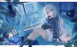 1girl ahoge black_hoodie black_socks blue_eyes blurry book bookshelf candle cellphone commentary_request cup depth_of_field desk_lamp feet_out_of_frame highres holding holding_phone hood hood_down hoodie indoors lamp letterboxed long_hair long_sleeves looking_at_viewer original outside_border parted_lips phone picture_frame plaid_clothes plaid_skirt plant pleated_skirt potted_plant ribbed_socks shiohana sitting skirt smartphone socks solo tea teacup white_hair white_skirt window