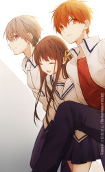 1girl 2boys azs_kn brown_hair closed_eyes facing_to_the_side fruits_basket grey_hair highres honda_tooru long_hair looking_to_the_side multiple_boys open_mouth orange_eyes orange_hair purple_eyes school_uniform serafuku short_hair smile sohma_kyou sohma_yuki white_background