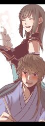 armor blonde_hair blush brown_eyes brown_hair calligraphy_brush closed_eyes food paintbrush protagonist_(sengoku_musou_chronicle) sengoku_musou sengoku_musou_chronicle shin_sangoku_musou smile steamed_bun zhong_hui_(shin_sangoku_musou)