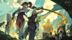 black_hair blonde_hair bodysuit brown_hair dragon gisuka_yan glasses hat highres long_hair looking_at_viewer md5_mismatch midriff multiple_boys multiple_girls muscular open_mouth outdoors parted_lips pelvic_curtain ponytail red_eyes standing sword tattoo the_war_of_genesis topless_female weapon white_hair