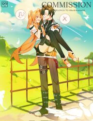 Rule 34 | 1boy, 1girl, ahoge, artist logo, bike shorts, black thighhighs, bluemishelam, blush, boots, carrying, commentary, commission, curtained hair, double-parted bangs, eiyuu densetsu, embarrassed, english commentary, english text, estelle bright, floating hair, full body, grasslands, hair between eyes, hair intakes, hajimari no kiseki, highres, jacket, joshua bright, logo, long hair, open mouth, outdoors, pants, parted bangs, princess carry, red eyes, shoes, short hair, shorts, smile, sneakers, speech bubble, thighhighs, twintails
