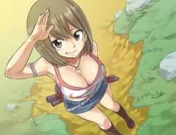 1girl bare_arms belt boots breasts brown_eyes brown_hair cleavage dual_wielding elie female_focus holding jewelry large_breasts looking_at_viewer mashima_hiro microskirt necklace official_art rave_(manga) skirt smile solo tank_top tonfa weapon