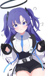 1girl absurdres angry black_gloves black_halo black_jacket black_skirt blue_archive blue_necktie commentary fortysansan gloves halo highres jacket long_hair mechanical_halo millennium_science_school_logo necktie pout purple_eyes purple_hair shirt simple_background skirt solo twintails white_background white_jacket white_shirt yuuka_(blue_archive)