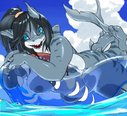 1girl black_hair blue_eyes blue_sky breasts cloud cloudy_sky colored_skin commentary_request completely_nude furry furry_female grey_skin inflatable_shark inflatable_toy innertube kikurage_(crayon_arts) large_breasts looking_at_viewer nude open_mouth original outdoors ponytail shark_girl sharp_teeth sky solo swim_ring tail teeth