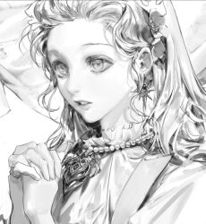 1girl greyscale highres jewelry lips monochrome necklace nose original parted_lips praying realistic solo vlfdus_0