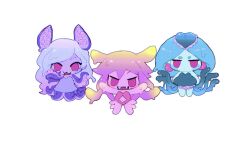 Rule 34 | 3girls, aqua hair, arms at sides, arms up, bare arms, bare legs, blonde hair, chibi, chibi only, closed mouth, clothing cutout, colored skin, dress, earrings, expressionless, fangs, frilled dress, frills, full body, gradient hair, green dress, green skin, hair between eyes, hair ornament, highres, jewelry, large earrings, leotard, long hair, looking at viewer, marina (omori), medium hair, medusa (omori), molly (omori), monster girl, multicolored hair, multiple girls, navel cutout, no pupils, omori, open mouth, parted bangs, pink eyes, pink hair, pink leotard, pink skin, purple dress, purple skin, scylla, short dress, siblings, single eyebrow, sisters, smile, standing, straight-on, strapless, strapless dress, strapless leotard, stud earrings, swept bangs, tentacle hair, thxzmgn, white background
