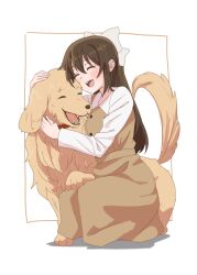1girl ^_^ bow brown_dog brown_dress brown_hair buttons closed_eyes collared_shirt commentary dog double-breasted dress full_body golden_retriever grey_bow hair_bow half_updo highres kneeling long_hair long_sleeves love_live! love_live!_nijigasaki_high_school_idol_club ophelia_(love_live!) osaka_shizuku pinafore_dress shirt sidelocks sleeveless sleeveless_dress taiyakippassion teeth upper_teeth_only white_shirt