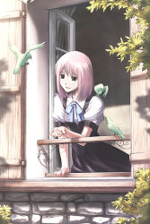 1girl animal animal_on_shoulder bird bird_on_shoulder blonde_hair blue_eyes bow cupping_hand feeding female_focus nyaou original pink_hair solo window