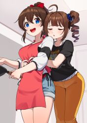 2girls :d apron black_shirt blue_eyes blush breasts brown_hair closed_eyes highres hug idolmaster idolmaster_million_live! idolmaster_million_live!_theater_days kamille_(vcx68) medium_breasts multiple_girls open_mouth orange_pants pants pink_apron ponytail satake_minako shirt shorts side_ponytail smile sweater t-shirt teeth upper_teeth_only yokoyama_nao