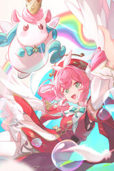 1girl :d aqua_eyes aqua_hair beret bright_pupils bubble creature dress hat highres honkai:_star_rail honkai_(series) hyacine_(honkai:_star_rail) little_ica_(honkai:_star_rail) multicolored_hair nooo open_mouth pink_hair rainbow red_dress red_hat smile solo thighhighs twintails two-tone_hair white_thighhighs yellow_pupils