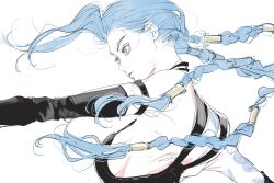 1girl arcane:_league_of_legends arcane_jinx arm_tattoo bare_shoulders braid breasts cloud_tattoo crop_top gloves highres jinx_(league_of_legends) league_of_legends long_hair looking_at_viewer needbee_r purple_eyes shirt simple_background solo tattoo twin_braids upper_body white_background