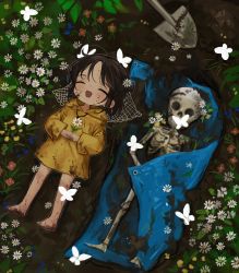 1girl absurdres artist_name bare_legs barefoot blush brown_hair bug butterfly centipede closed_eyes commentary daisy english_commentary facing_viewer field flower flower_field from_above full_body grave hair_flower hair_ornament happy highres holding holding_flower hood hood_down insect ishida_umi long_sleeves lying medium_hair no_pants no_shoes on_back on_ground open_mouth original outdoors own_hands_together raincoat red_flower shovel skeleton smile solo tarpaulin white_butterfly white_flower yellow_flower yellow_raincoat