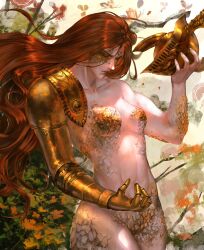 1girl absurdres amputee closed_mouth covered_eyes elden_ring helmet highres holding long_hair malenia_blade_of_miquella mechanical_arms prosthesis prosthetic_arm red_hair single_mechanical_arm solo sulka_art very_long_hair winged_helmet