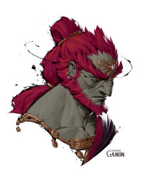 Rule 34 | 1boy, absurdres, adam&#039;s apple, beard, colored skin, cropped shoulders, facial hair, full beard, ganondorf, green skin, highres, huge eyebrows, long hair, nintendo, patrick ganas, pointy ears, red facial hair, red hair, solo, the legend of zelda, thick beard, topknot, tsurime, wrinkled skin