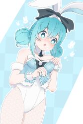 1girl animal_ears animal_print applying_manicure aqua_eyes aqua_hair aqua_leotard bare_shoulders bicute_bunnies_miku bicute_bunnies_miku_(white_bunny) blue_background bow breasts cleavage double_bun ear_bow ear_ribbon fake_animal_ears fishnet_pantyhose fishnet_thighhighs fishnets fur-trimmed_vest fur_armlet fur_trim hair_bun hatsune_miku highres leotard medium_breasts nail_polish necktie pantyhose playboy_bunny rabbit_ears rabbit_print rarachan_sr short_necktie solo strapless strapless_leotard thighhighs tied_ears vest vocaloid wrist_cuffs
