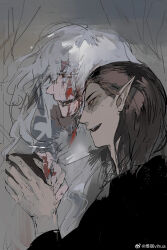 2boys baldur&#039;s_gate baldur&#039;s_gate_3 black_hair blood cazador_szarr colored_eyelashes dungeons_&amp;_dragons dungeons_&amp;_dragons earrings highres jewelry long_hair male_focus medium_hair monolids multiple_boys pointy_ears profile red_eyes upper_body vellioth vihua6 white_hair