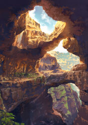 blue_sky canyon cloud commentary day highres leaf mashutarou_(neko_no_oyashiro) no_humans original outdoors scenery sky sunlight