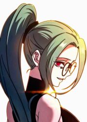 1girl academy_sashimi_sword_master glasses green_hair poison_medea red_eyes smile white_background