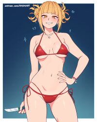 1girl absurdres arm_behind_back bare_arms bare_shoulders bikini blonde_hair blue_background blunt_bangs blush boku_no_hero_academia border breasts bright_pupils collarbone cowboy_shot dashi_(dashiart) double_bun ear_piercing earrings glint gluteal_fold grin hair_bun halterneck hand_on_own_hip heart highres holding holding_knife jewelry knife large_breasts looking_at_viewer messy_hair multi-strapped_bikini_bottom navel necklace outside_border patreon_username piercing raised_eyebrow red_bikini short_hair side-tie_bikini_bottom sidelocks skindentation smile solo standing stomach string_bikini swimsuit toga_himiko underboob watermark web_address white_border white_pupils yellow_eyes