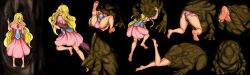1girl barefoot black_background blonde_hair cookin dress fairy_tail feet frog imminent_death mavis_vermilion scared soles swallowing toes vore