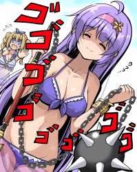 0_0 2girls ^_^ ahoge ball_and_chain_(weapon) bare_shoulders bikini blonde_hair bracelet braid breasts clarissa_(epic_seven) cleavage closed_eyes epic_seven false_smile frilled_bikini frills gold_bracelet groin hair_ribbon hairband jewelry large_breasts long_hair medium_breasts montmorancy_(epic_seven) multiple_girls navel purple_bikini purple_hair ribbon sarong shaded_face simple_background smile spiked_ball_and_chain striped_bikini striped_clothes swimsuit tsuzuri_(tuzuri) turn_pale twintails wavy_mouth weapon white_background