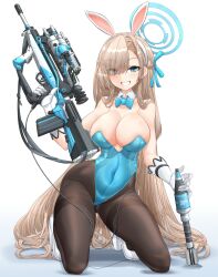 1girl absurdres ammunition animal_ears aqua_leotard assault_rifle asuna_(blue_archive) asuna_(bunny)_(blue_archive) asymmetrical_bangs blue_archive blue_bow blue_bowtie blue_leotard bow bowtie breasts bullpup bunny_day detached_collar fake_animal_ears famas gluteal_fold grin gun gun_sling hair_over_one_eye halo high_heels highleg highleg_leotard highres holding holding_weapon kneeling leotard light_brown_hair mikeran_(mikelan) mole mole_on_breast mortar_shell night-vision_device official_alternate_costume pantyhose playboy_bunny rabbit_ears rail_(weapon) rifle scope smile strapless strapless_leotard thighband_pantyhose traditional_bowtie trigger_discipline weapon