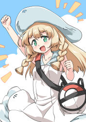 1girl :d arm_up bag blonde_hair blush braid bright_pupils clenched_hands collared_dress commentary_request day dress duffel_bag futatsuki_hisame green_eyes hat highres lillie_(pokemon) long_hair nintendo open_mouth outdoors poke_ball_theme pokemon pokemon_sm sleeveless sleeveless_dress smile solo sun_hat sundress tongue twin_braids white_dress white_hat white_pupils