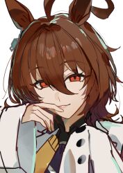 Rule 34 | 1girl, agnes tachyon (umamusume), ahoge, animal ears, black necktie, black shirt, brown hair, chemical structure, coat, collared shirt, earrings, hair between eyes, horse ears, horse girl, huge ahoge, jewelry, kanniiepan, lab coat, long hair, long sleeves, necktie, parted lips, red eyes, shirt, short necktie, simple background, single earring, smile, solo, sweater, umamusume, upper body, white background, white coat, wolf cut, yellow sweater